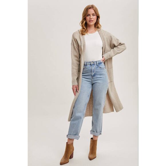 Longline Hoodie Drape Open Front Cardigan Coatigan Oatmeal - Picture 8 of 8